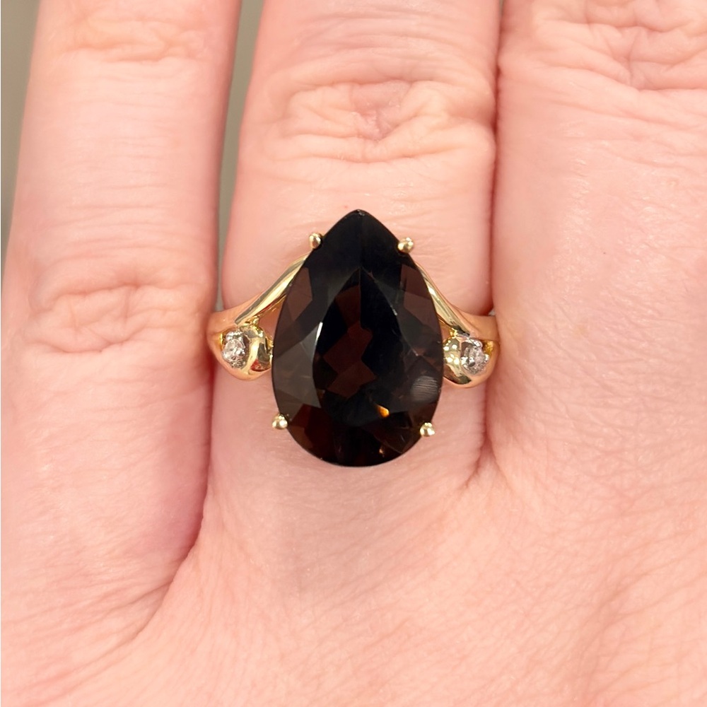 Vintage Pear Cut Smoky Quartz Ring: 14K Yellow Gold Filigree, Diamond, Size 7.5 - Picture 6 of 11